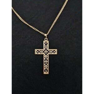 14k Yellow Gold Cross Pendant Heart Filigree Necklace 18” 3.35 Grams Signed